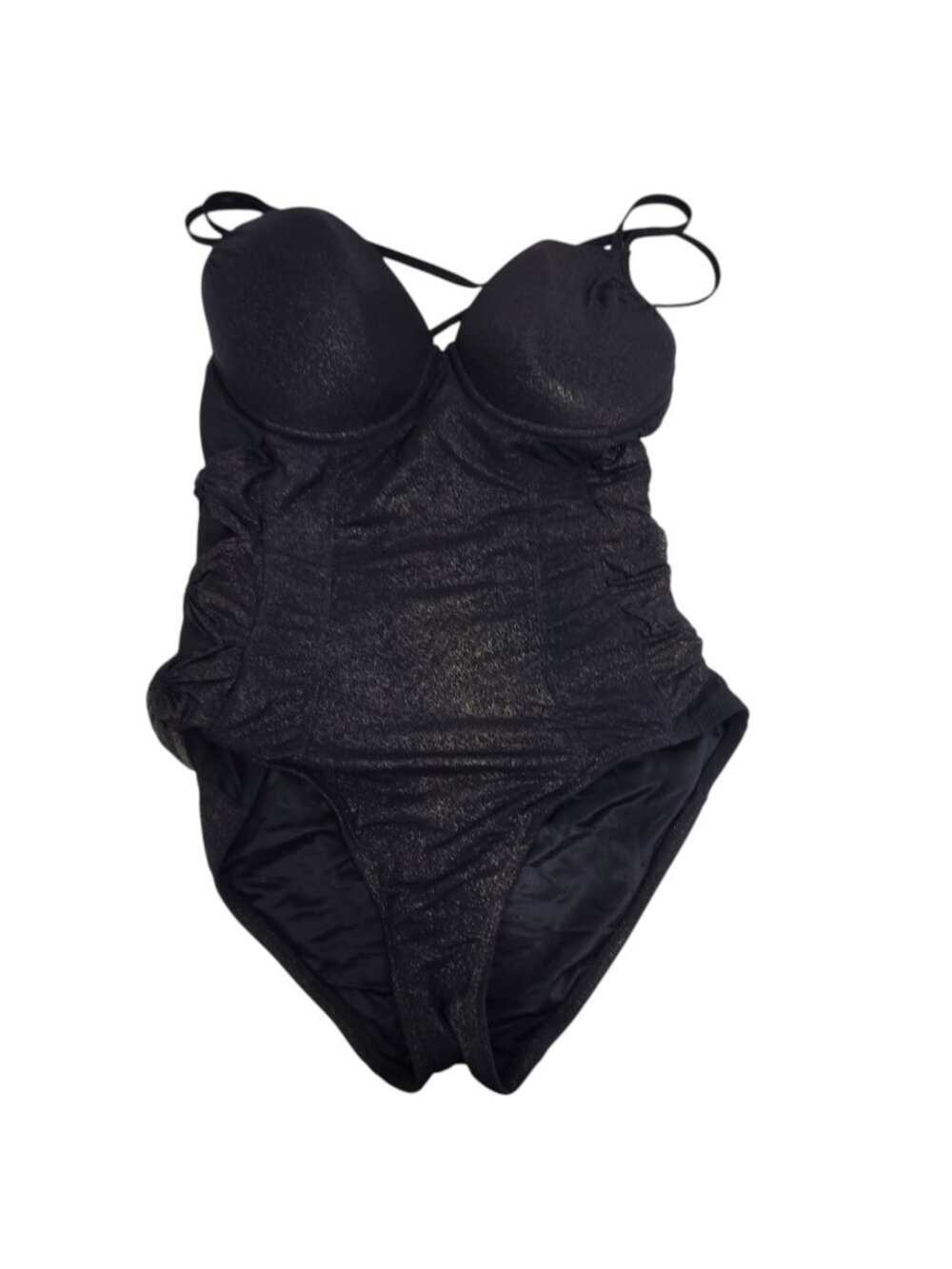 Spanx Swimsuit One Piece 10D 10DD 10 Black Ruched Gold Glitter Wire Tie